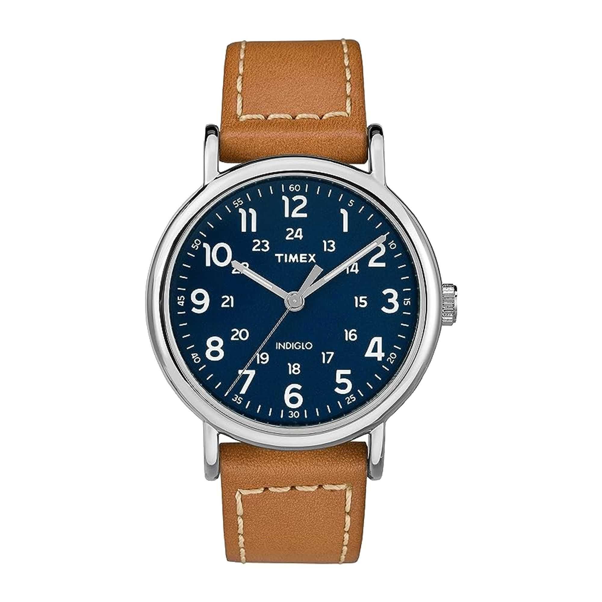 Timex Men's Indiglo Chrome Round Dial With Navy Blue Dial  Plain Brown  Strap Analog Watch, TW2R42500