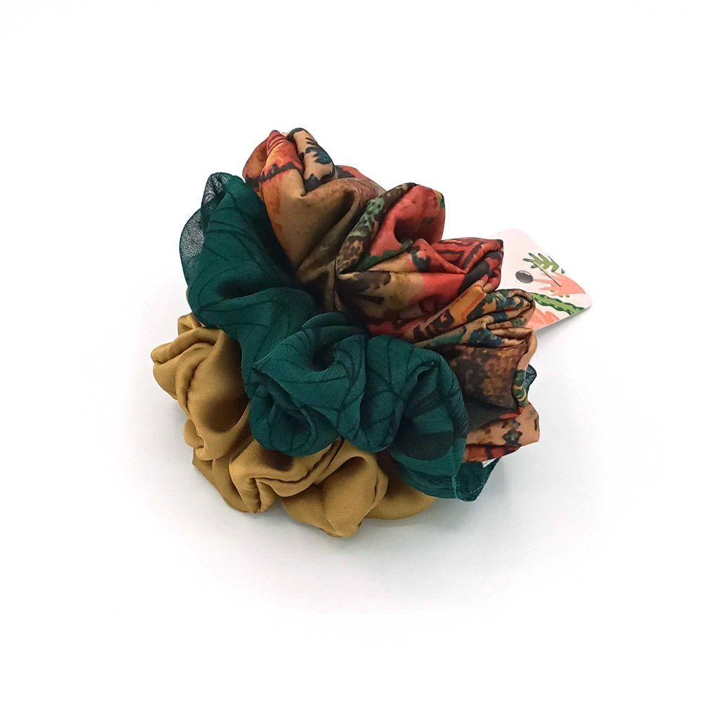 Sandeela Silky Classic Scrunchies, Printed Beige/Green/Beige, 03-02-3001, 3-Pack