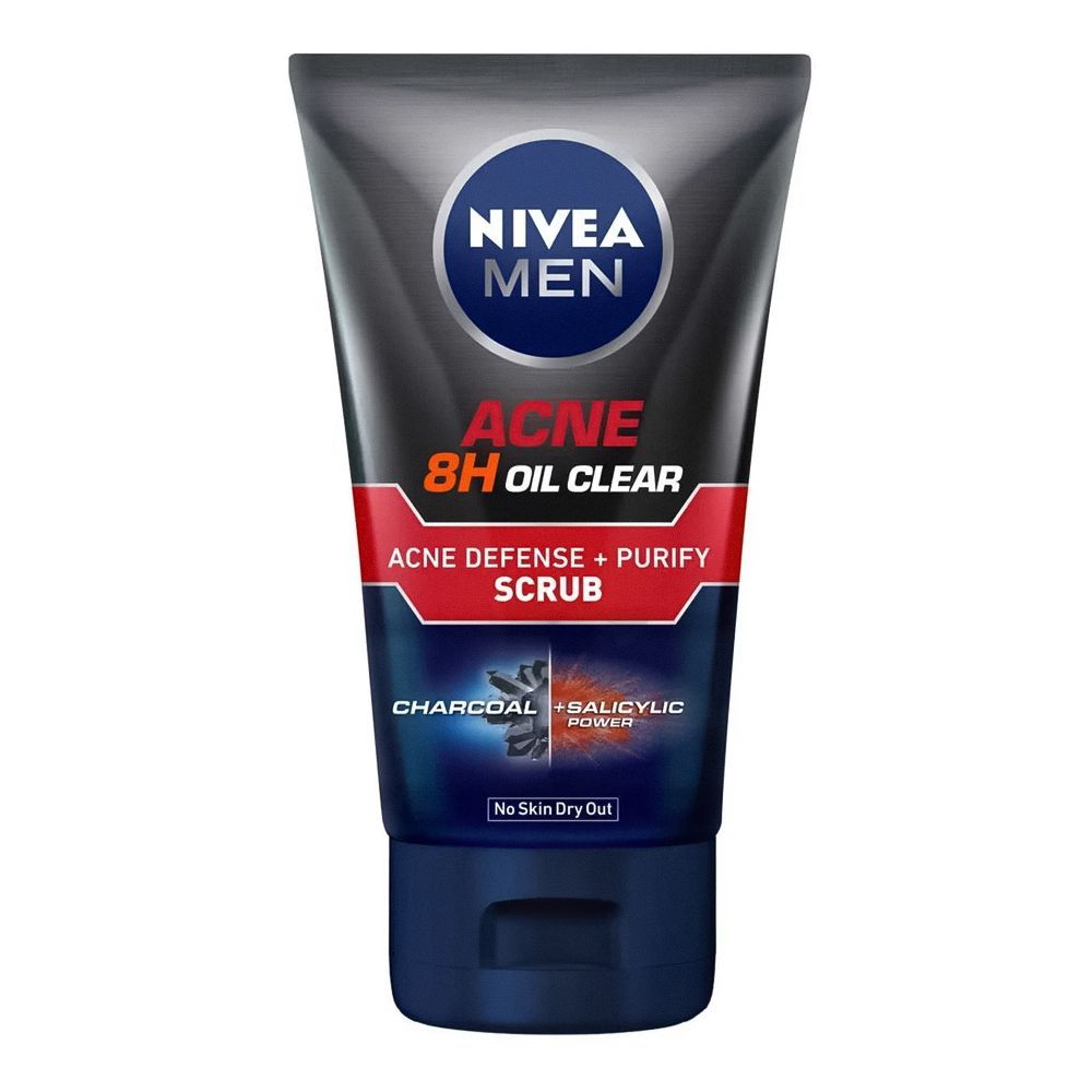 Nivea Men Acne 8 Hours Oil Clear Acne Defense+Purify Charcoal Scrub, Charcoal+Salicylic, No Skin Dry Out, 100ml