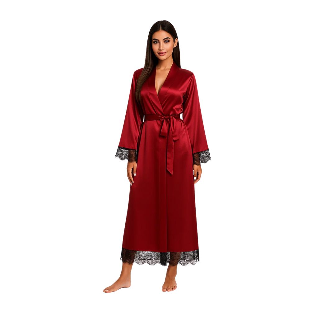 Maroon Robe Big Sajiero Women's Artistry Lace Long Robe, Silk, Maroon, 2924