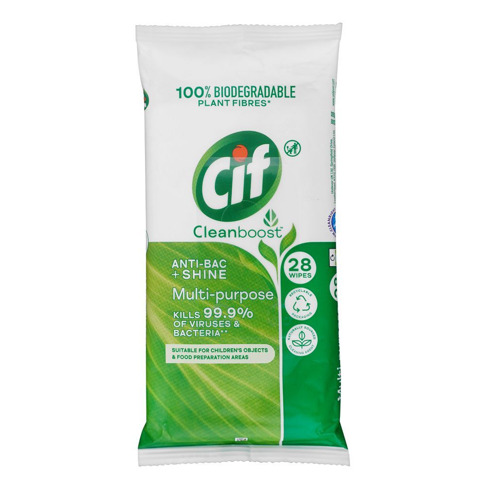 Cif Clean Boost Anti-Bacterial + Shine Multi-Purpose Wipes, 28-Pack