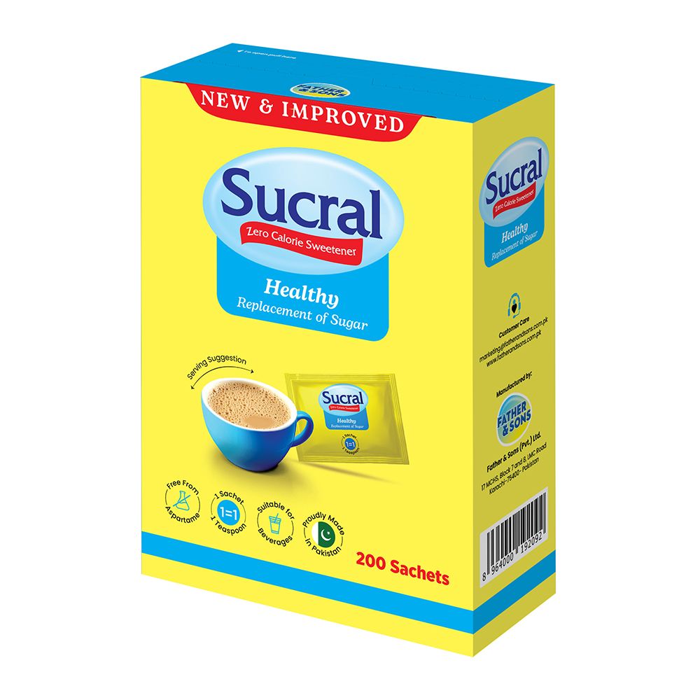 Sucral Zero Calorie Sweetener Sachets Box, 200-Pack