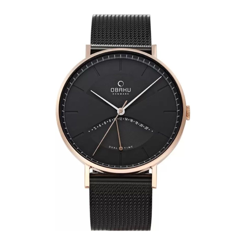 Obaku Men's Denmark Dual Time Black Round Dial & Bracelet Analog Watch, V213GUVBMB