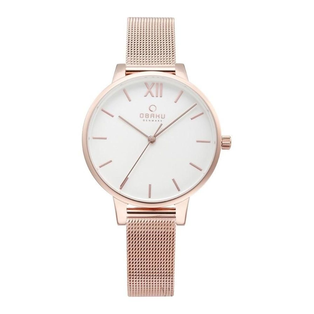 Obaku Women's White Round Dial With Rose Pink Gold Bracelet Analog Watch, V209LXVIMV