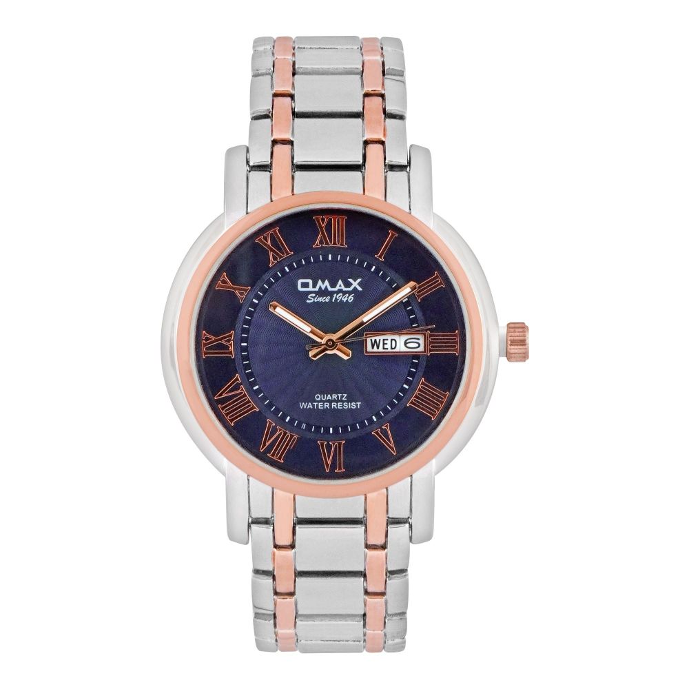 Omax Women's Quartz Blue Round Dial With Pink Case & Two Tone Bracelet Analog Watch, HYB061N004