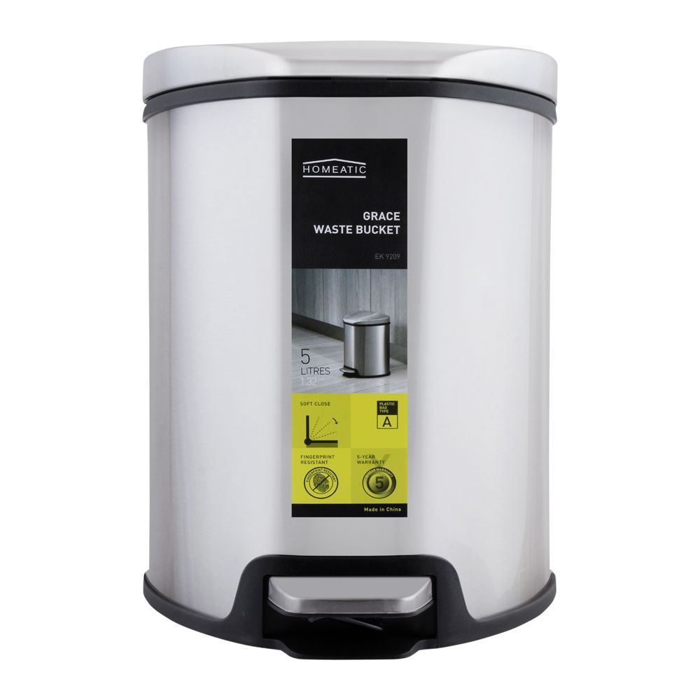 Homeatic Grace Pedal Bin, Soft Close, 5 Liters, Silver, EK-9209-5