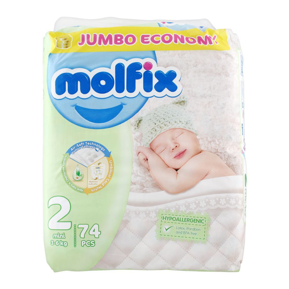 Molfix No. 2 Diapers, Mini 3-6 KG, Jumbo Economy, 74-Pack