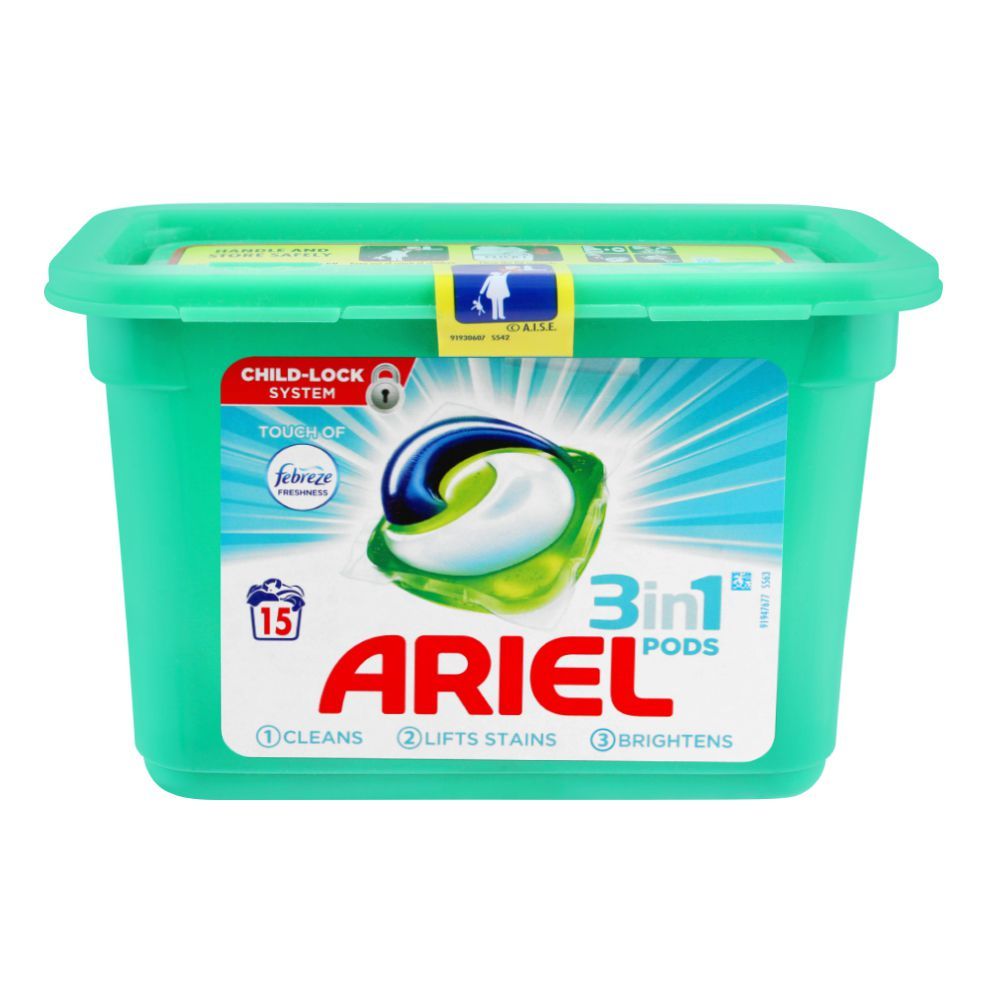 Ariel 3-In-1 Liquid Pods, Febreze, 15x27, Washing Capsules, 405g