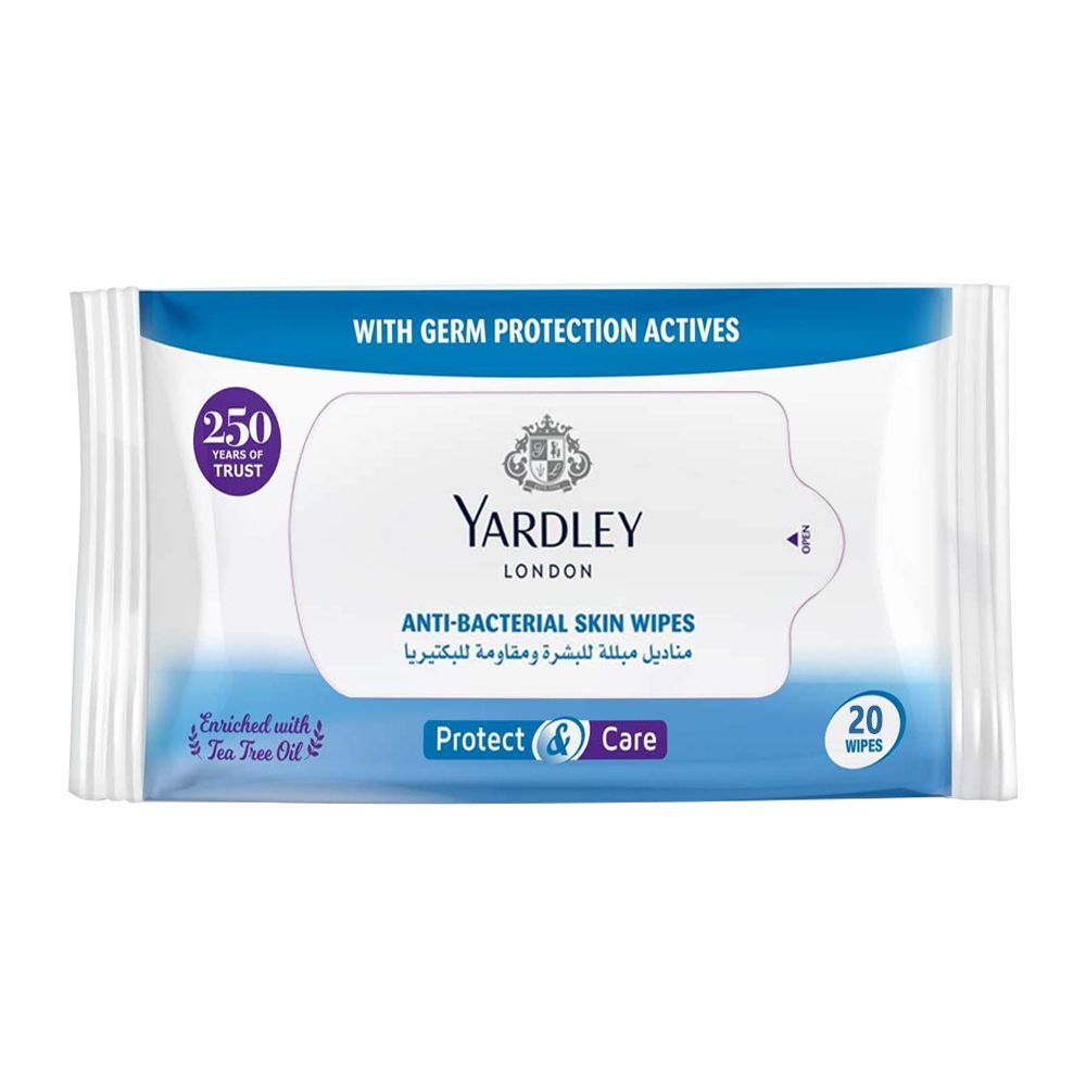 Yardley Protect & Care Anti-Bacterial Skin Wipes, 20-Pack