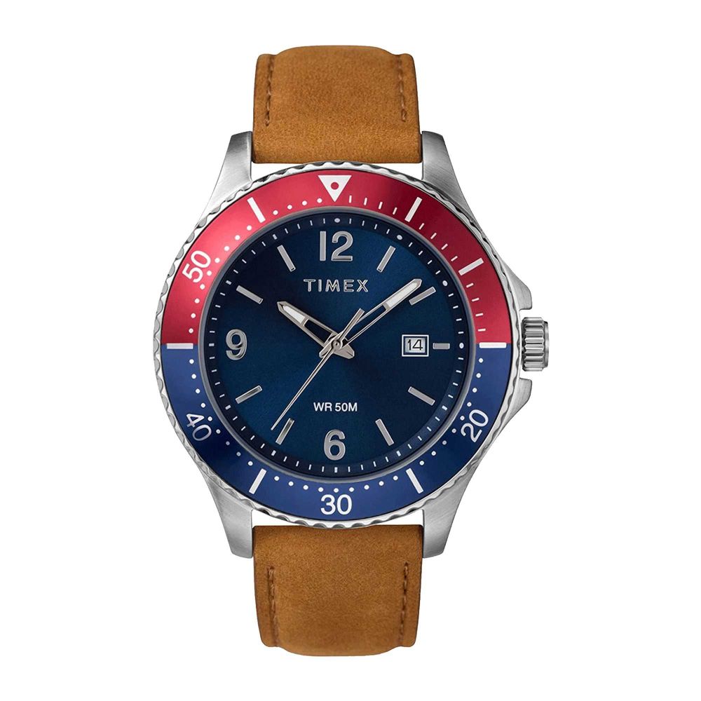 Timex Men's WR50M Red & Blue Round Dial With Plain Brown Strap Analog Watch, TW2U29200