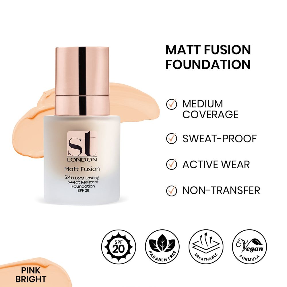 ST London Matt Fusion 24H Long Lasting Sweat Resistant Foundation, SPF 20, Pink Bright