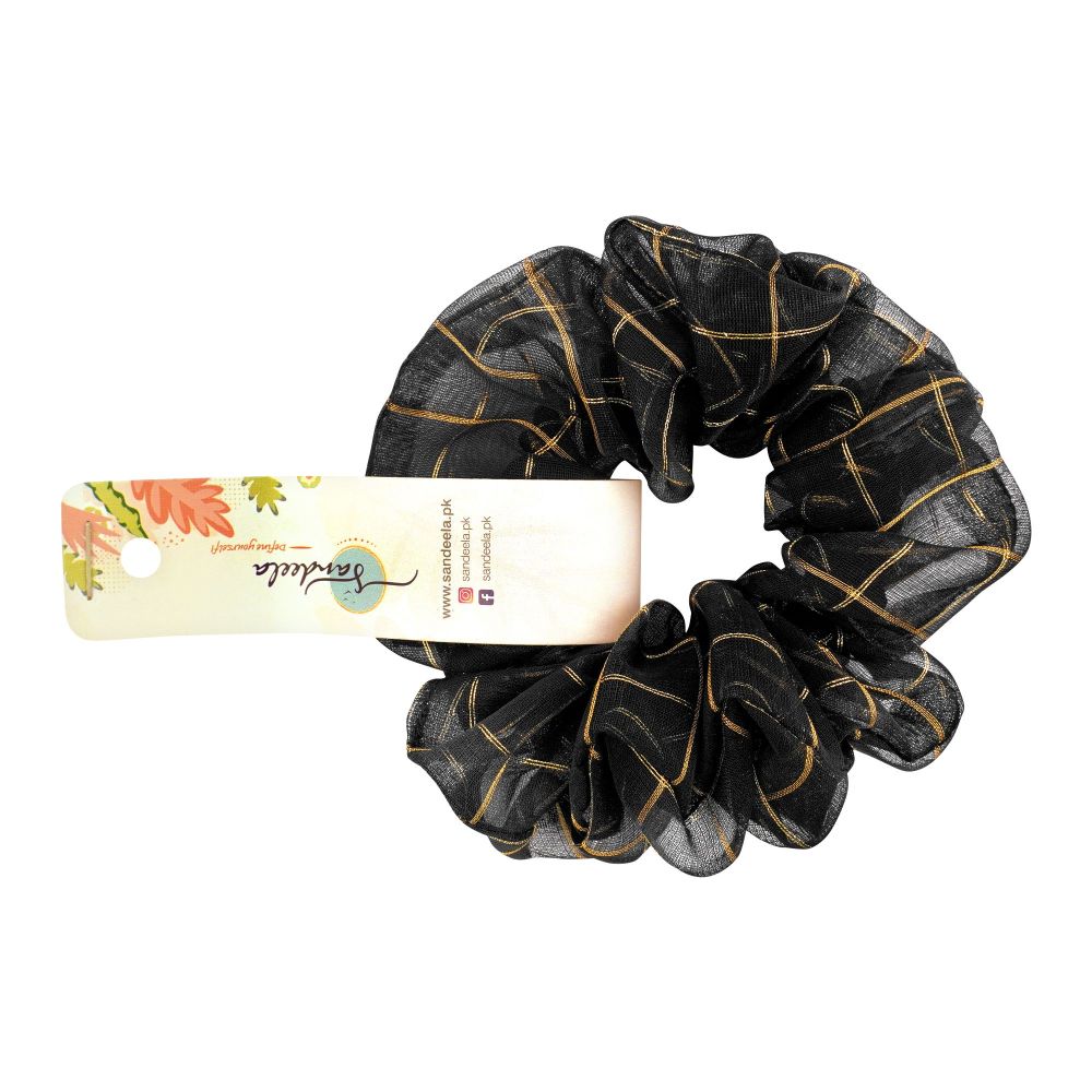 Sandeela Organza Gold Lines Classic Scrunchies, Black, 03-1017