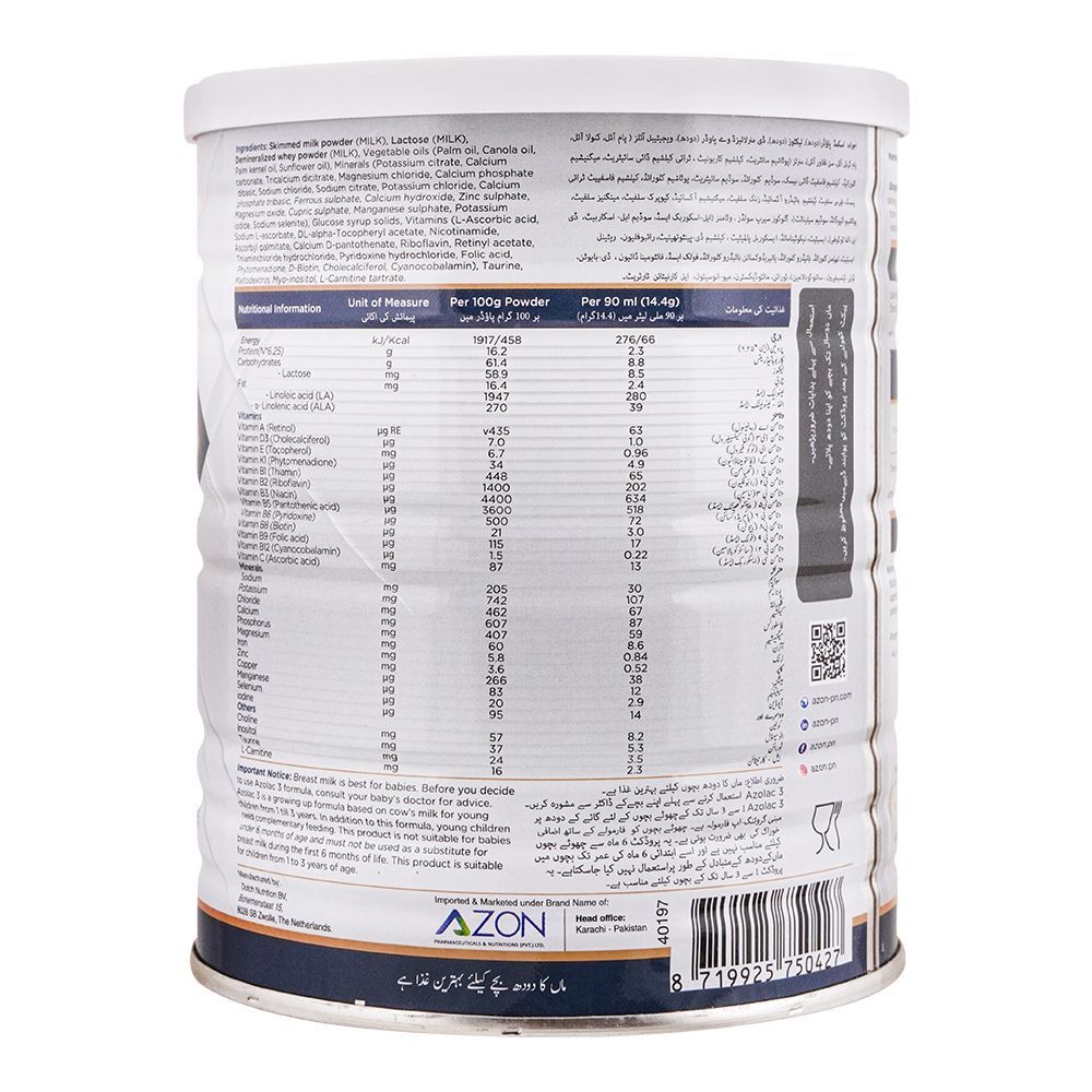 Buy Azolac Growing-Up Formula-3, Vitamins-Minerals-Choline, Halal, 400g ...