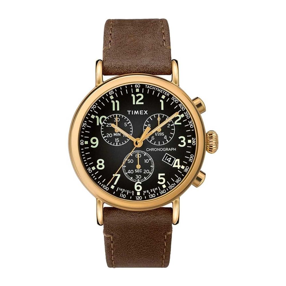 Timex Men's Golden Round Dial With Black Background & Brown Strap Chronograph Watch, TW2T20900