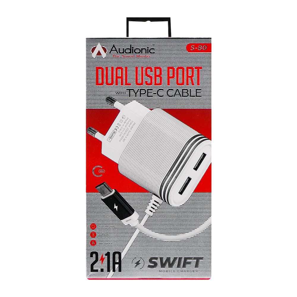 Buy Audionic 2.1A Swift Type-C Cable Dual USB Port Charger, S-80 Online ...