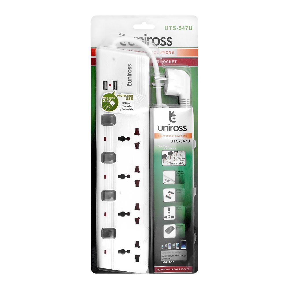 Uniross 3m Cable Power Extension Board With 2 USB Cable Connectors, UTS-547U