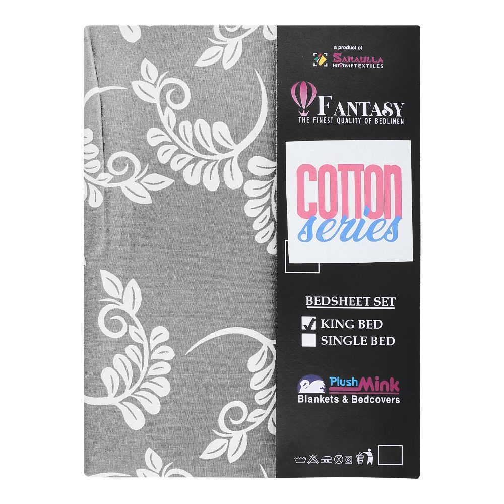 Sanaulla Fantasy Double Cotton Bed Sheet, For King Bed, Floral Grey & White