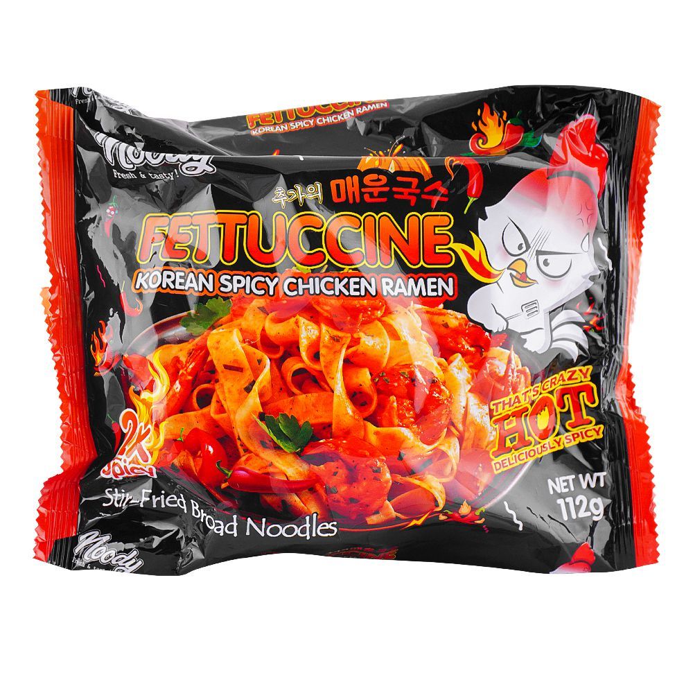 Noody Fettuccine Korean Spicy Chicken Ramen Noodles, 2x Spicy, Stir Fried Broad Noodles, 112g