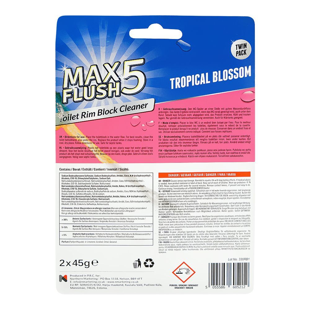 Max 5 Flush Toilet Rim Block Cleaner, Tropical Blossom, 2 x 45g