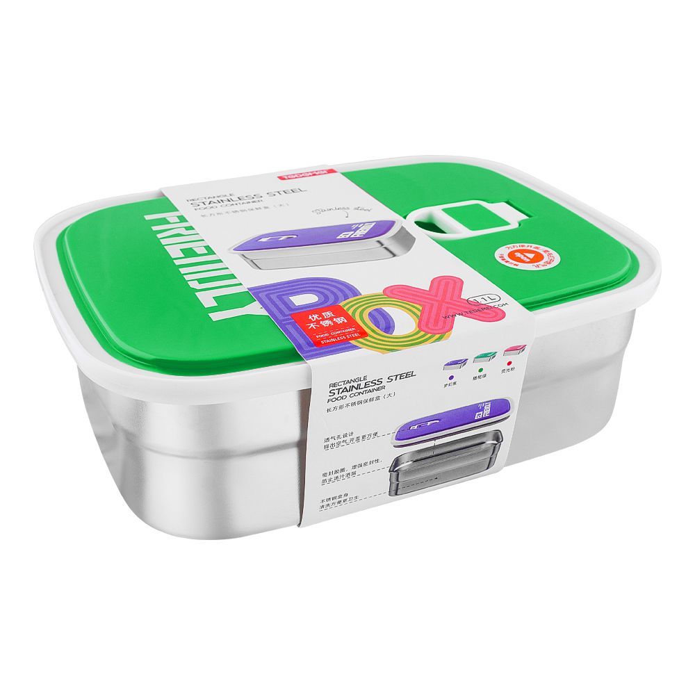 Tedemei Rectangle Stainless Steel Food Container, 1.1 Liter, Green, 6902