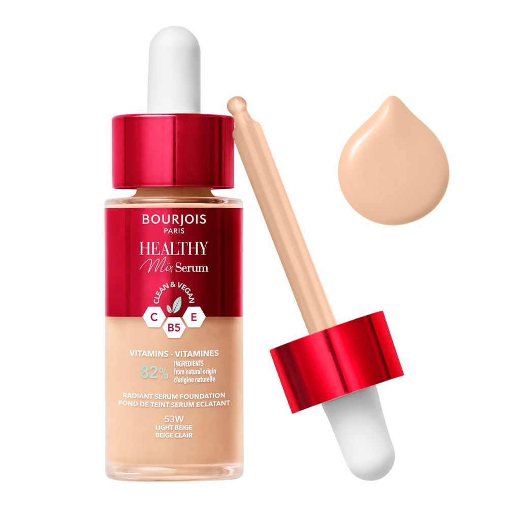 Bourjois Healthy Mix Clean & Vegan Radiant Serum Foundation, Vitamins 82% From Natural Origin, 53W Light Beige, 30ml