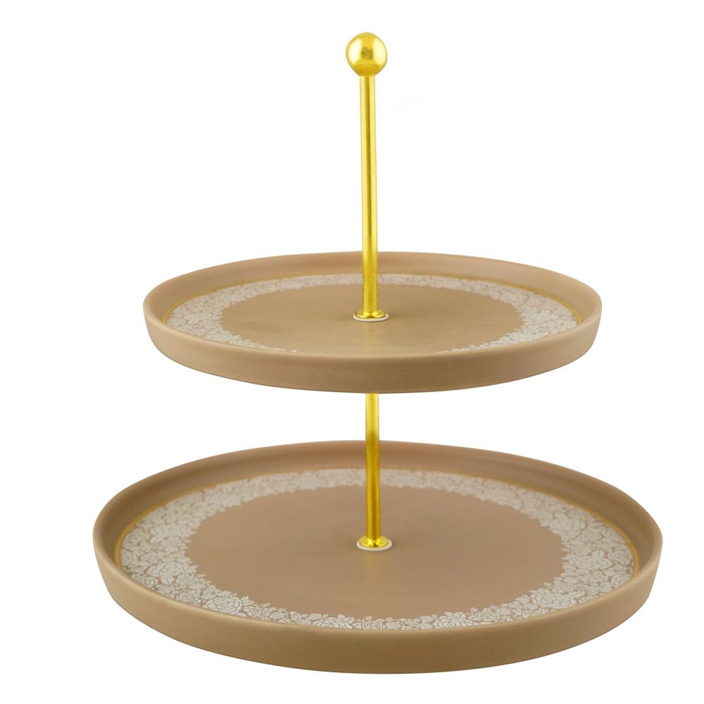 Angela 2-Tier Embossed Round Cake Serving Stand, Ideal For Cupcakes, Pastries, Donuts & Desserts, Brown, MK307