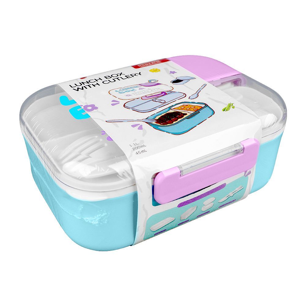 Homeatic Plastic Lunch Box With Cutlery, 1100ml/200ml Capacity, 6cm(H)x13cm(W),9.5cm(D), Blue, HMT-011