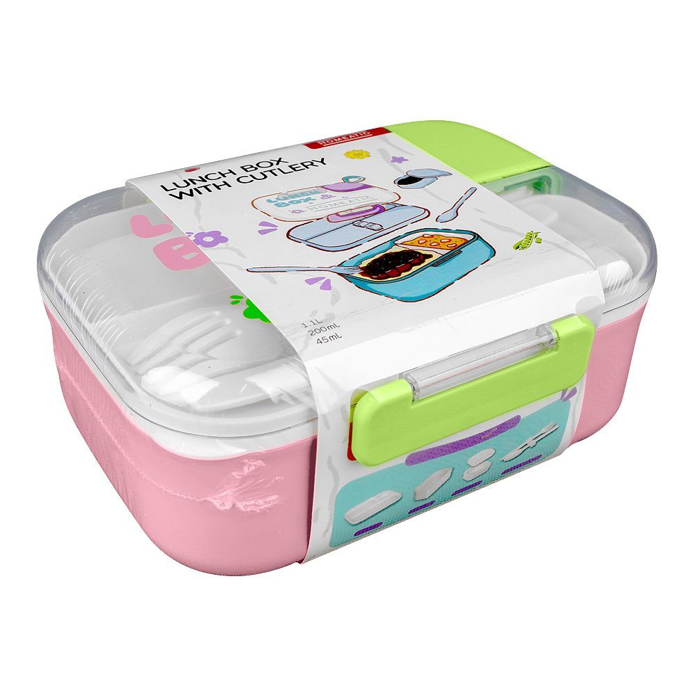 Homeatic Plastic Lunch Box With Cutlery, 1100ml/200ml Capacity, 6cm(H)x13cm(W),9.5cm(D), Pink, HMT-011