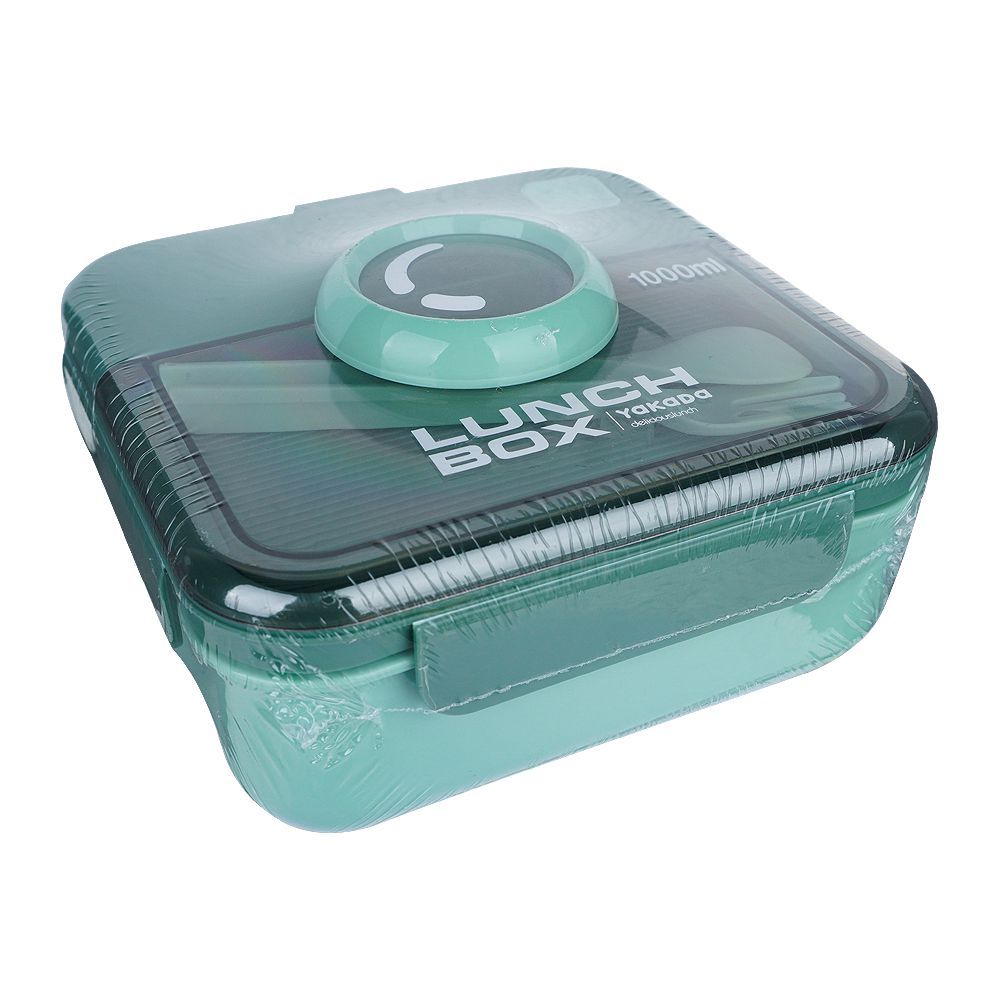 Plastic Lunch Box With Crockery & Cutlery, 1000ml Capacity, Green