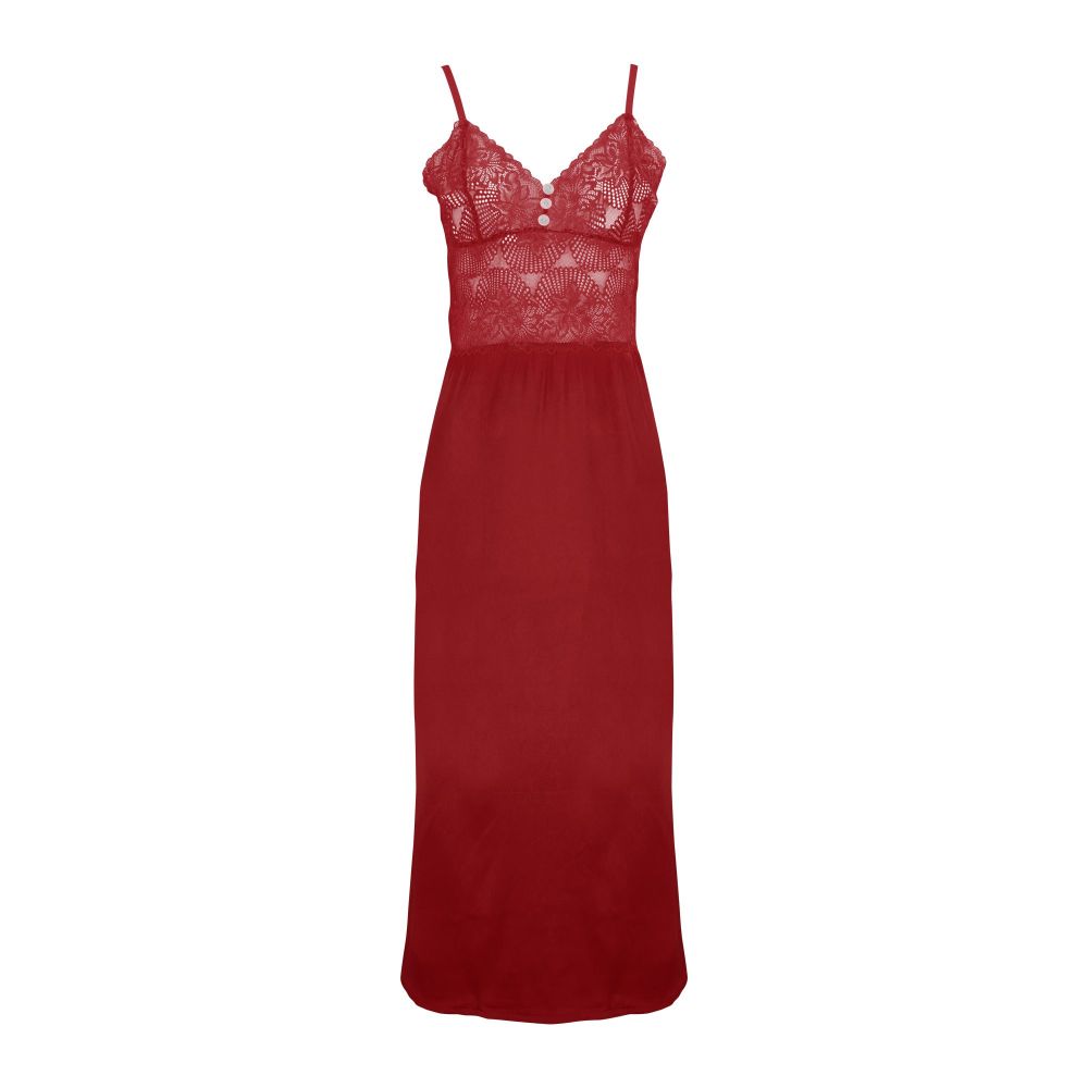 Flourish 2-Piece Satin Silk and Delicate Lace Nightdress With Nighty and Ankle-Length Robe, Maroon, FLW-5984