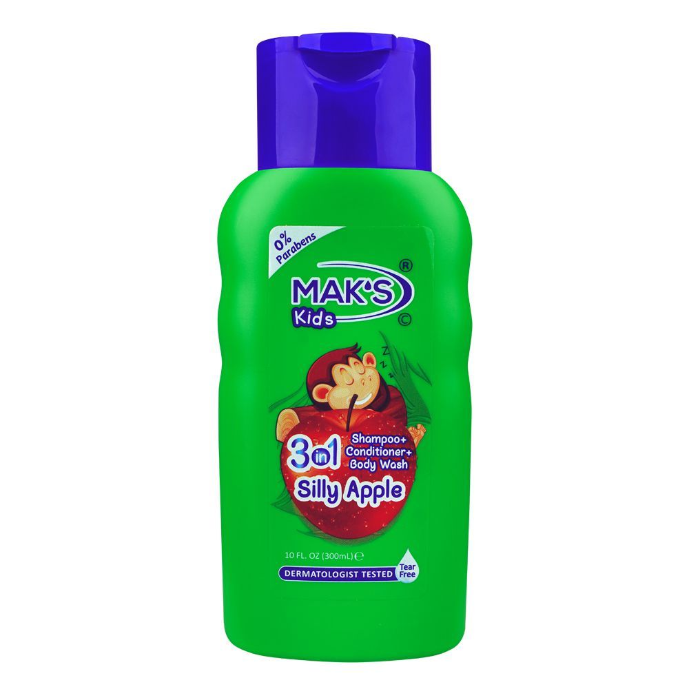 Mak's Kids Silly Apple 3in1 Shampoo + Conditioner + Body Wash, 0% Parabens, Dermatologist-Tested, Tear Free, 300ml