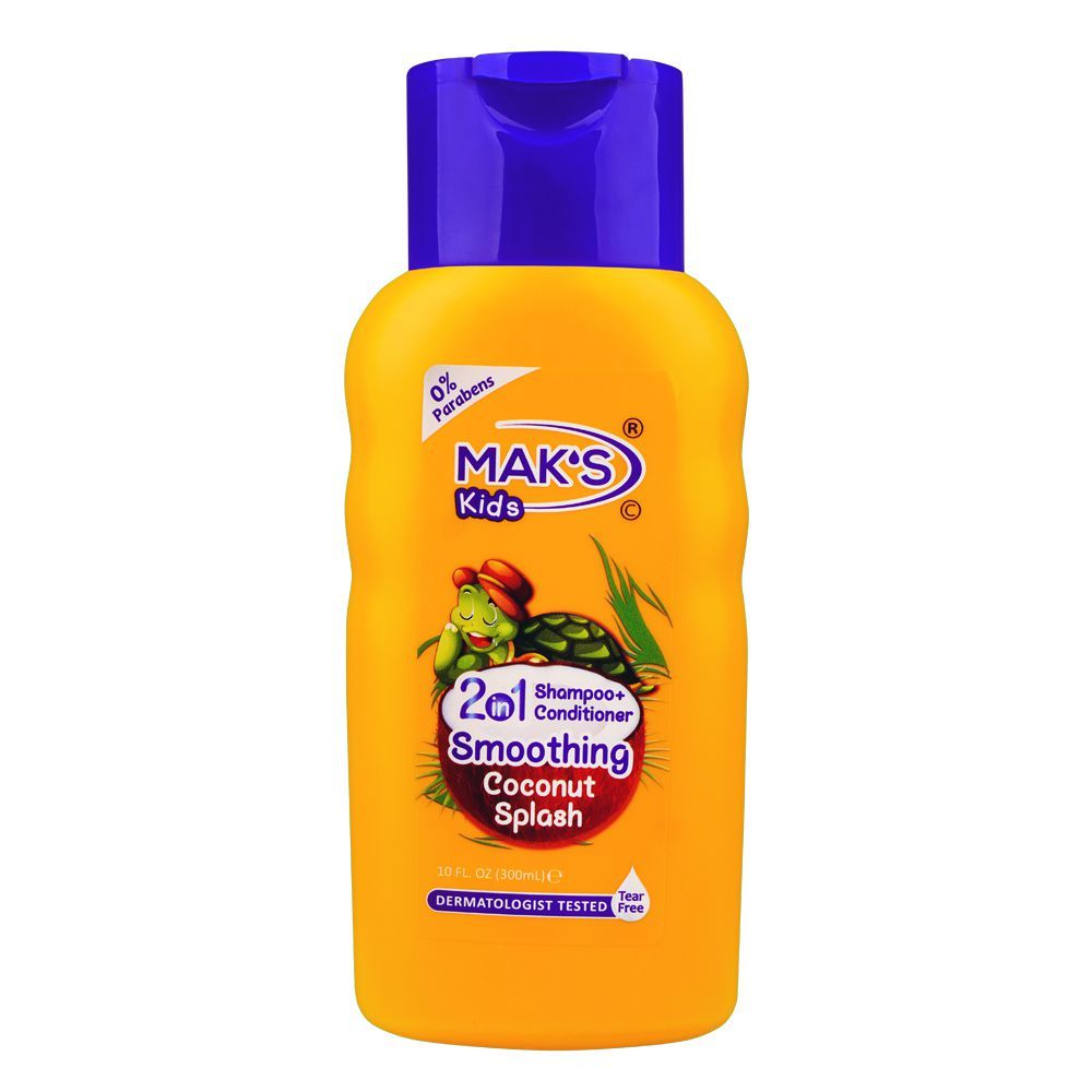 Mak's Kids Smoothing Coconut Splash 2in1 Shampoo & Conditioner, 0% Parabens, Dermatologist-Tested, Tear Free, 300ml