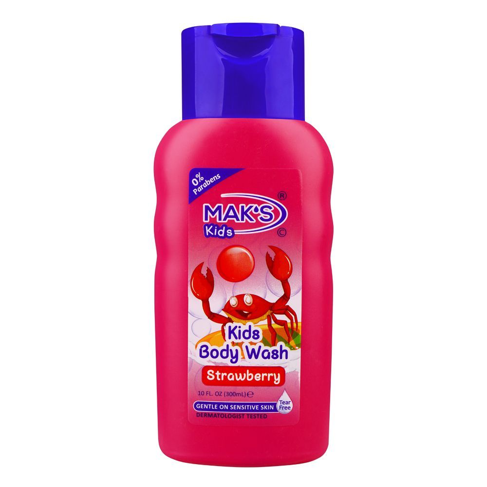 Mak's Kids Strawberry Body Wash, 0% Parabens, Dermatologist-Tested, Tear Free, Gentle On Sensitive Skin, 300ml