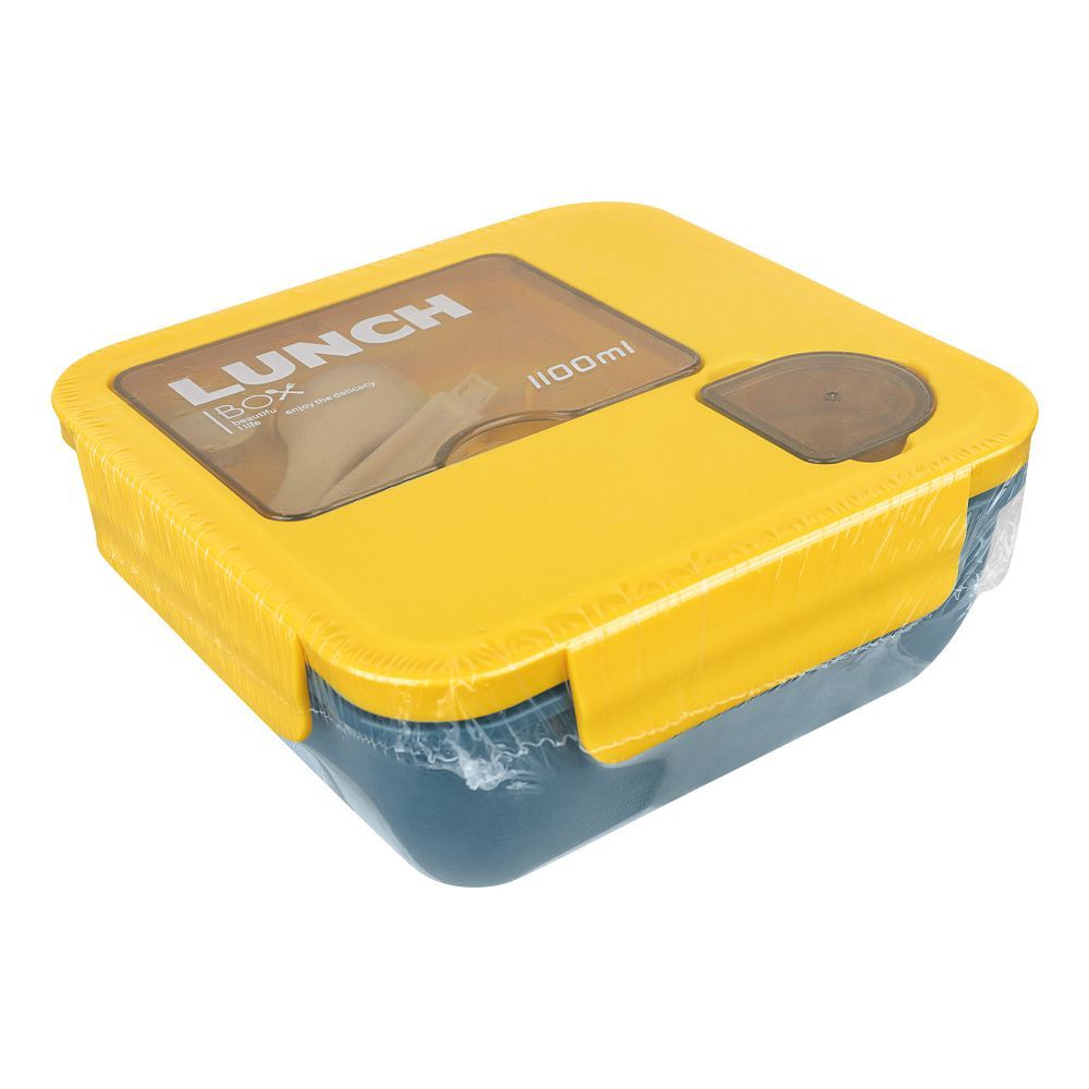 Plastic Lunch Box With Cutlery, 1100ml, Yellow, (1800) 0001003