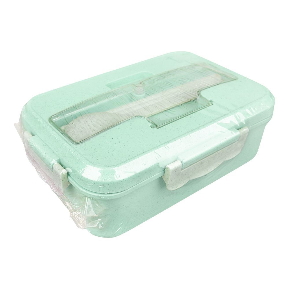 Plastic Lunch Box With Cutlery, Green, (SH-203) 0001004