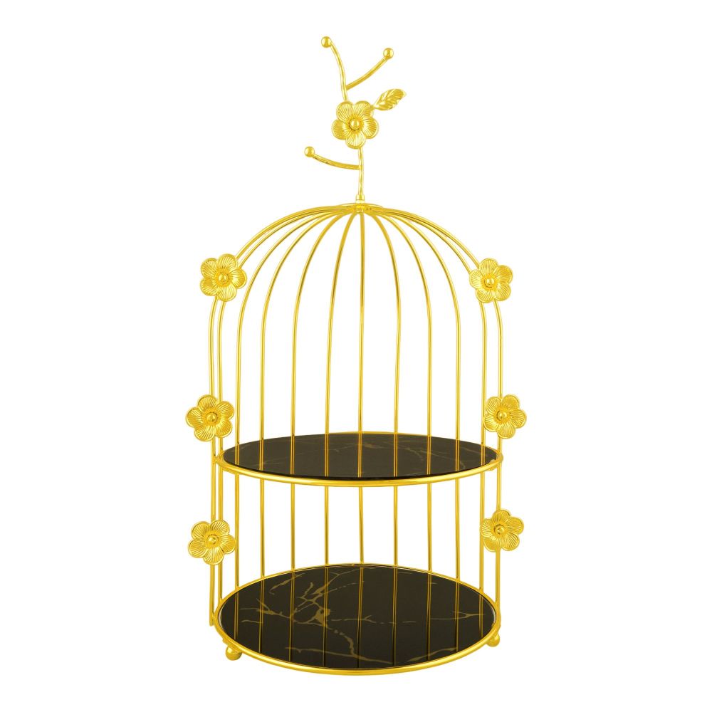 Bhoja 2-Tier Bird Cage Serving Tray, Decorative Dessert Stand for High Tea & Parties, Black & Golden Marble, JWG-019