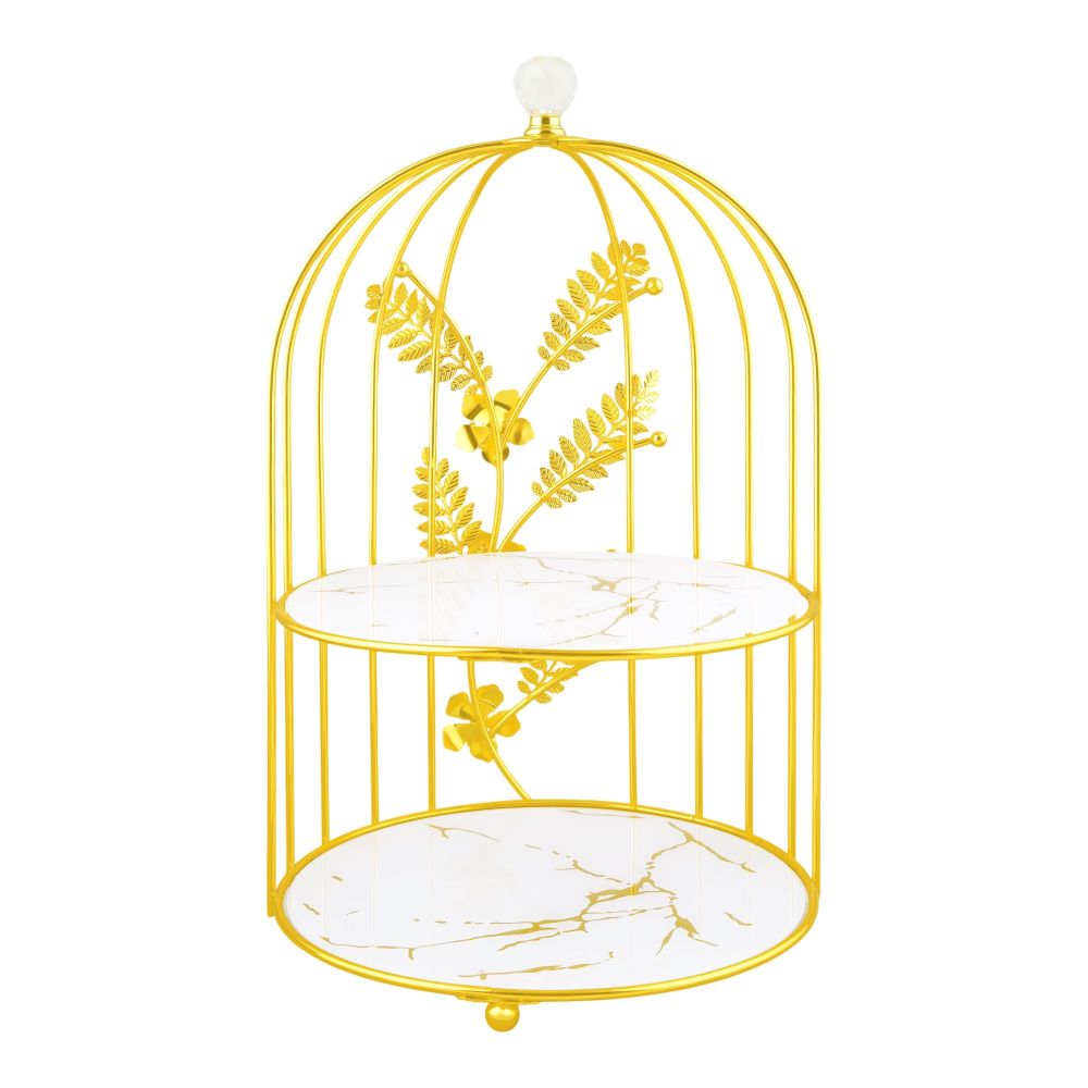 Bhoja 2-Tier Bird Cage Serving Tray, Decorative Dessert Stand for High Tea & Parties, White & Golden Marble, JWG-020