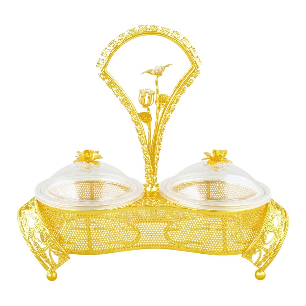 Alpen Berg 2 Compartments Snack Serving Bowl Set with Stand, For Candy, Nuts, Dips & More, Orchid Gold, TA2679