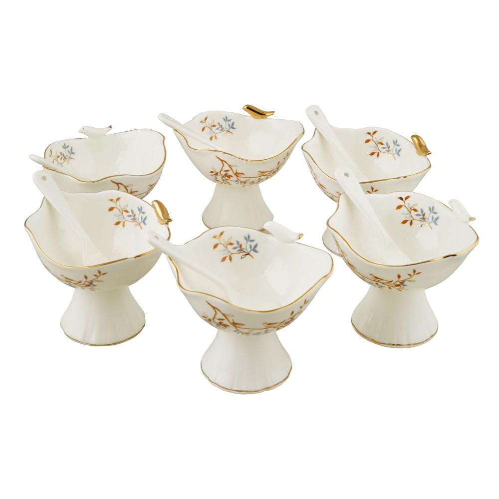 Angela Birds Ceramic Ice Cream Cups Set with Spoons, 12-Pack, BRD372