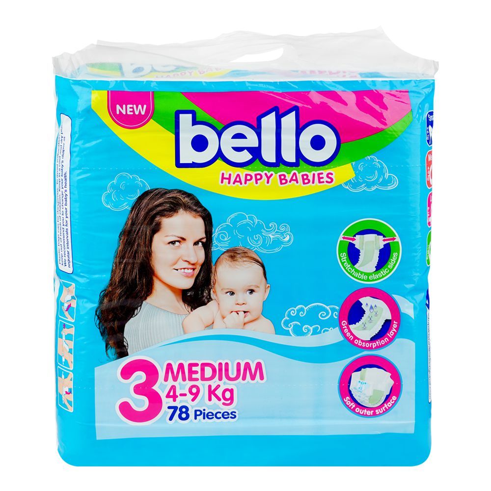 Bello Baby Diapers Jumbo Pack, Medium, No.3, 4-9Kg, 78-Pack