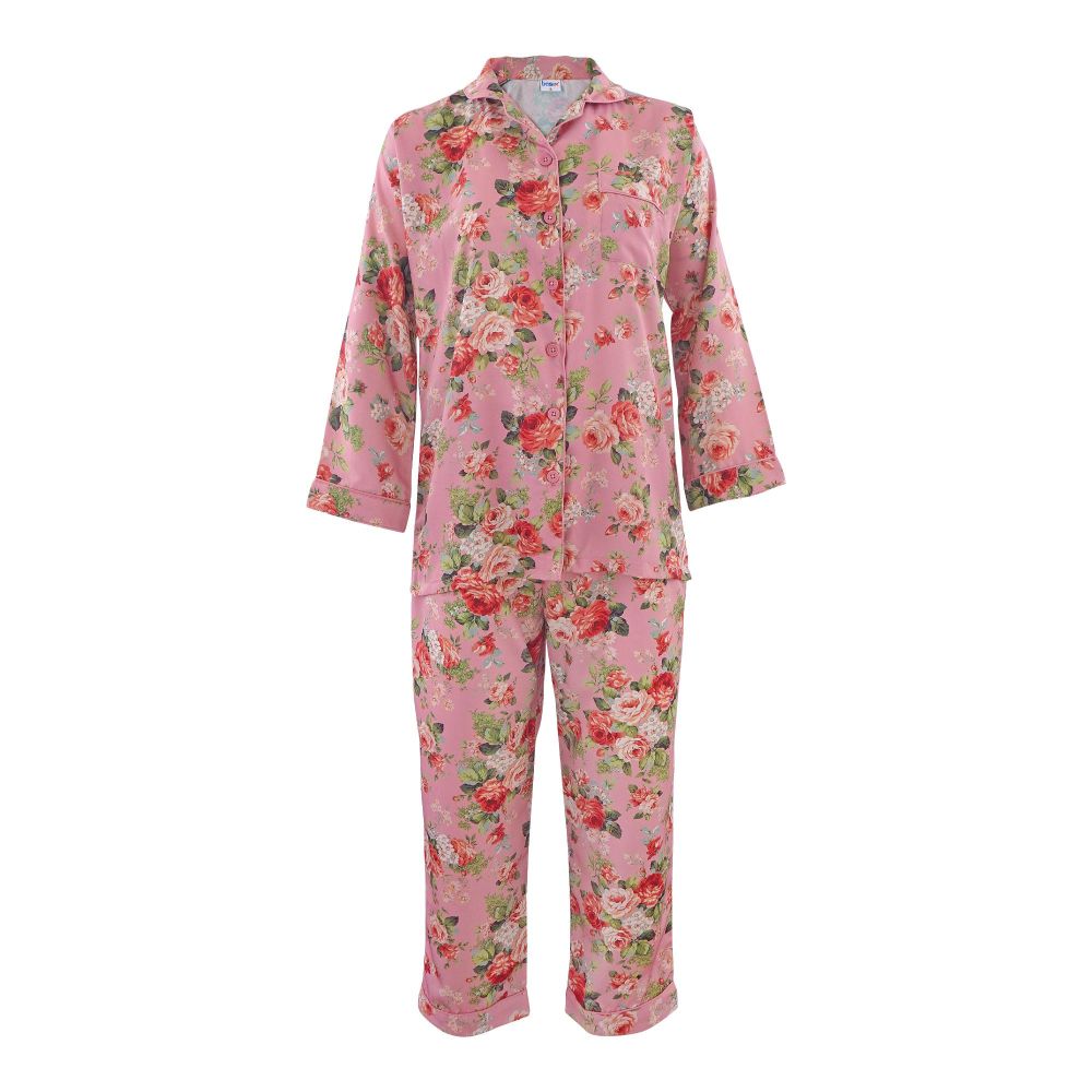 Basix Women's Digital Crepe Floral Loungewear Dress, 2-Piece Set, Rose Pink, LW-644