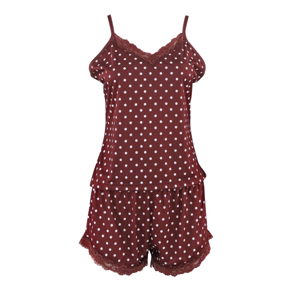 Basix Women's Polka Dots Nighty Camisole Shorts Set with Laces, Maroon & White, CS-120