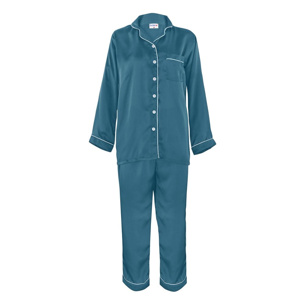 Basix Women's 2-Piece Pajama Set Night Suit, Silk Shirt & Trouser, Steel Blue, SW-108