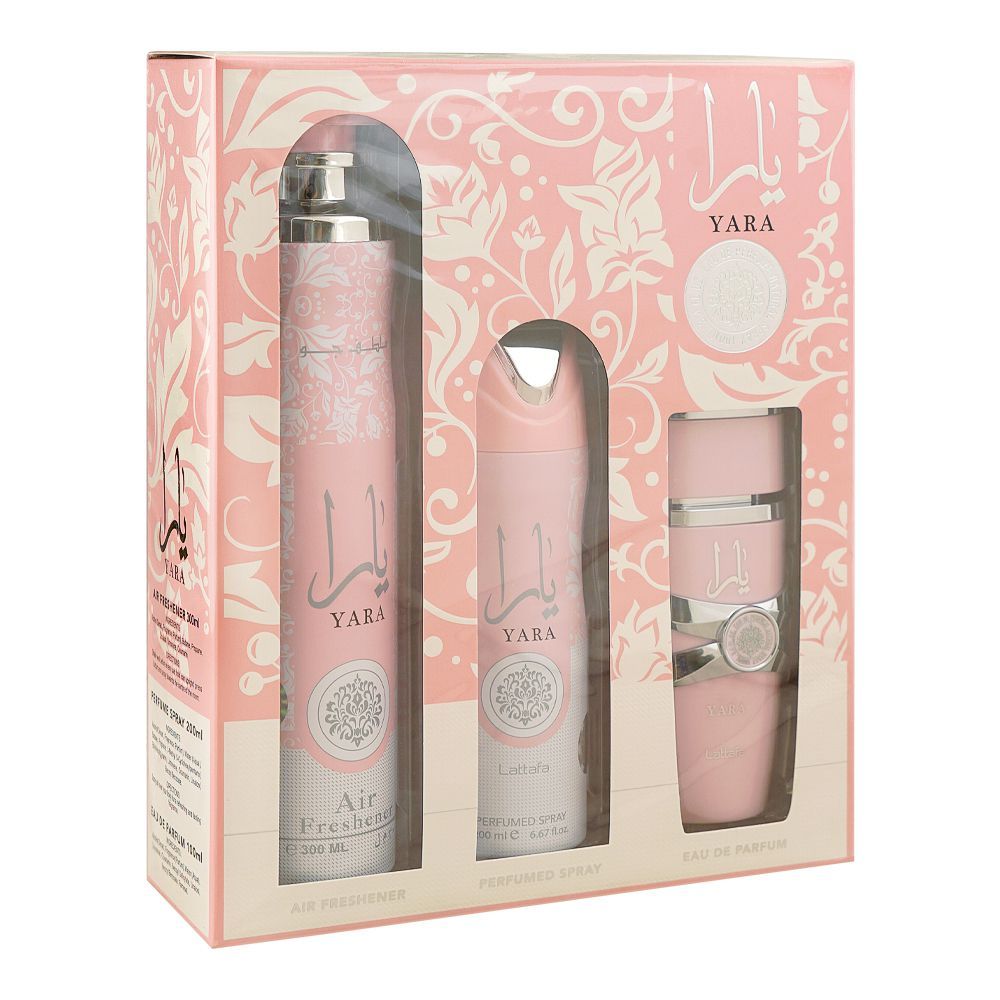 Lattafa Yara Gift Set: Eau de Parfum 100ml+Body Spray 200ml+Air Freshener 300ml, For Women, 3-Pack