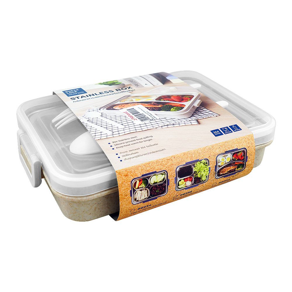 Micron Ware Super Lock Stainless Lunch Box with Cutlery, 850ml, Beige, J6235