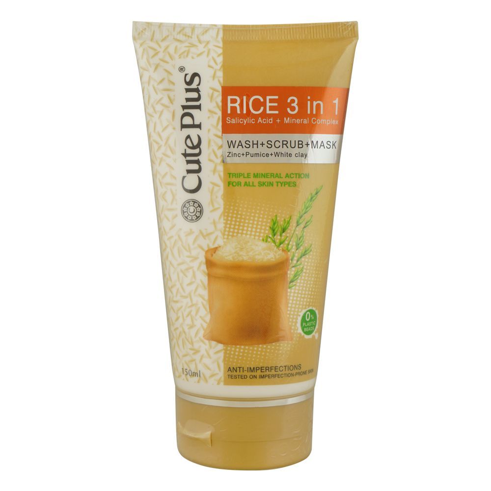 Cute Plus Rice 3in1 Face Wash+Scrub+mask, Anti-Imperfections, For All Skin Types, 150ml