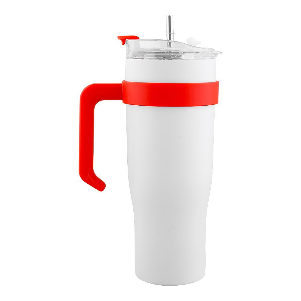 Stainless Steel Insulated Travel Coffee Tumbler with Handle & Straw Lid, White, (9209) 0001184