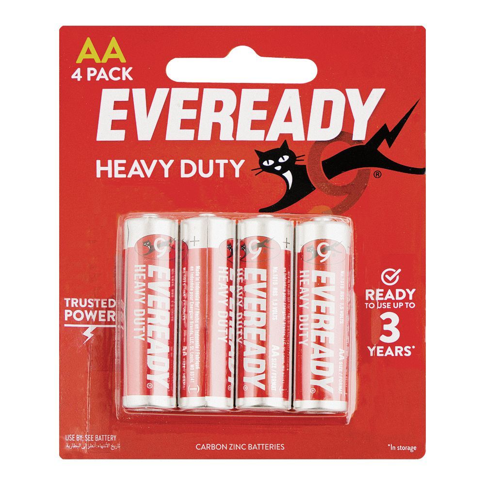 Eveready Heavy Duty Carbon Zinc Batteries, Battery Cells, Size AA, 4-Pack, R6