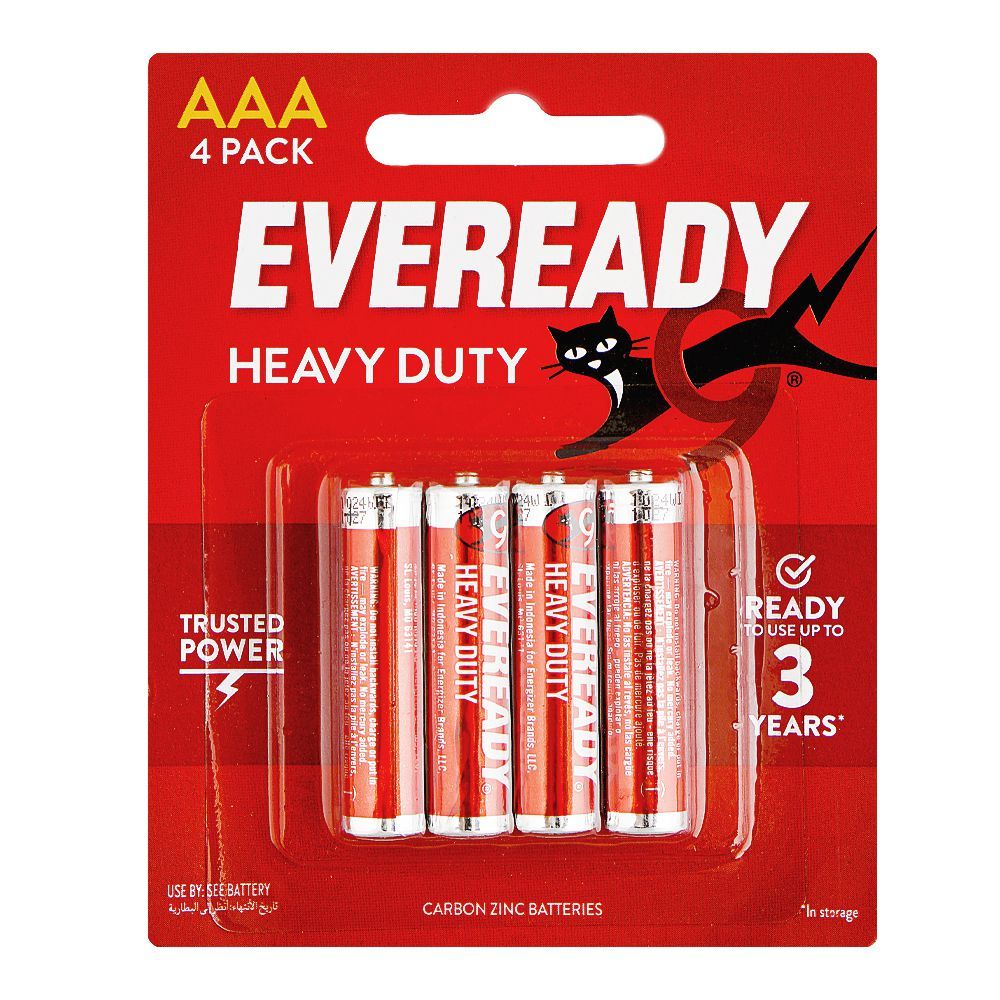 Eveready Heavy Duty Carbon Zinc Batteries, Battery Cells, Size AAA, 4-Pack, R03