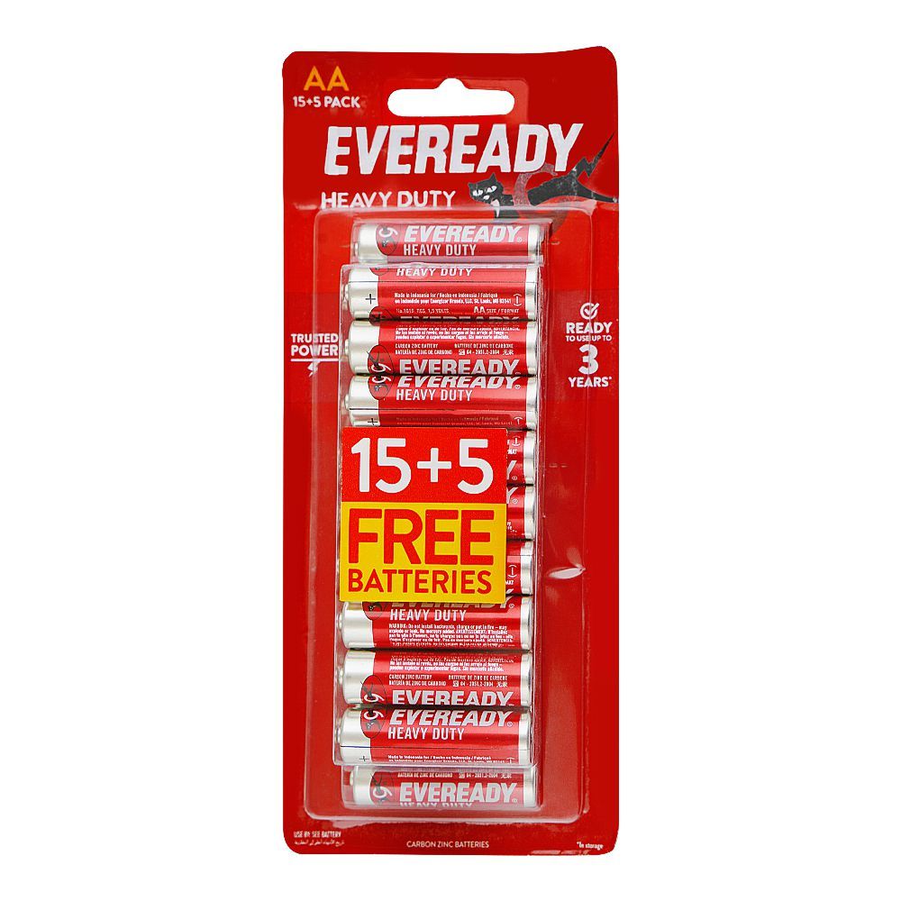 Eveready Heavy Duty Carbon Zinc Batteries, Battery Cells, Size AA, 15+5-Pack, R6